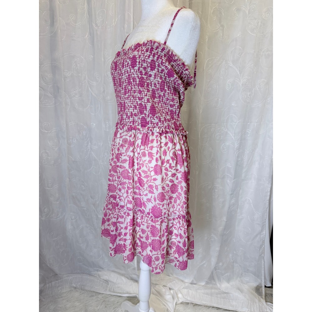 Wilfred Aritzia Pink Floral Smocked Mini Dress Tiered Ruffle 2XL Summer Boho - Picture 4 of 7